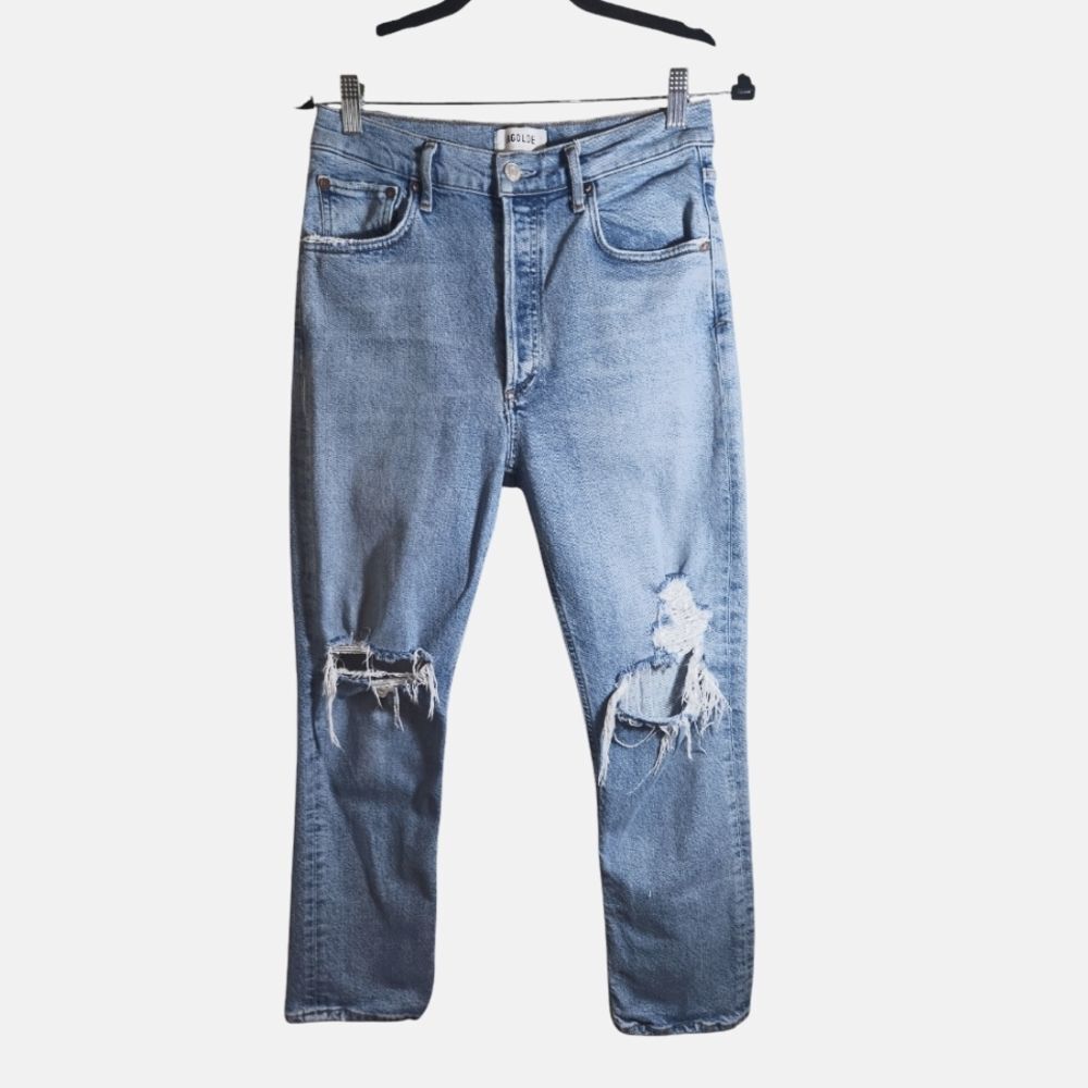 Agolde Riley Button-Fly Ripped Medium Wash High-Rise Denim Jeans Size 28